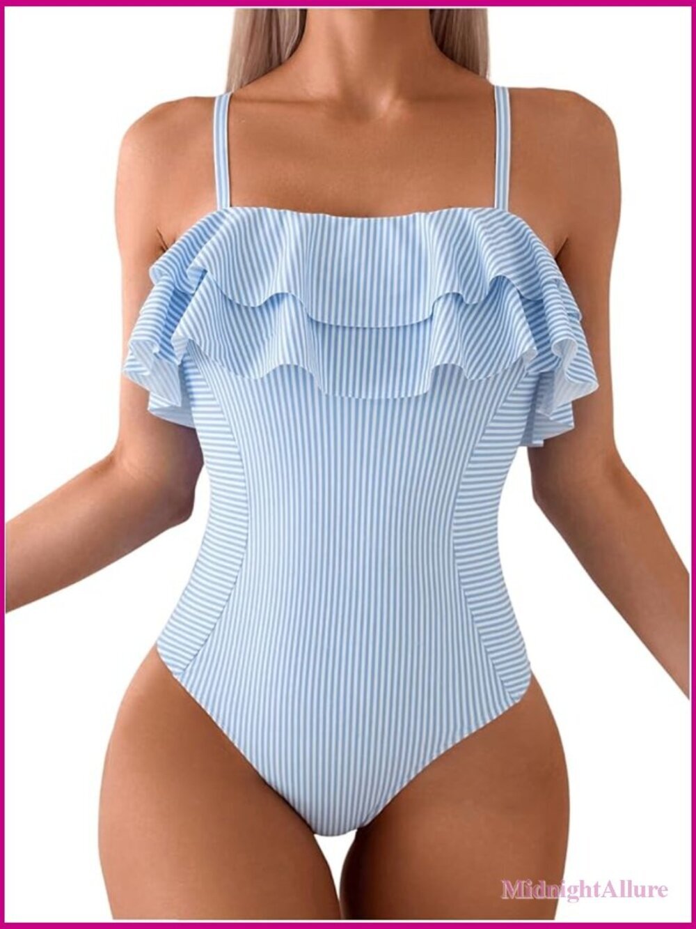 One Piece Swimsuit Ruffle Trim Striped Print Monokini High Stretch UPF 15
